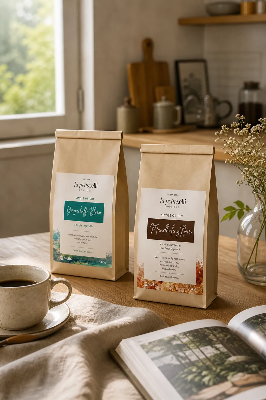 Two coffee bags resting on a sunlit kitchen counter beside flowers and an open book.