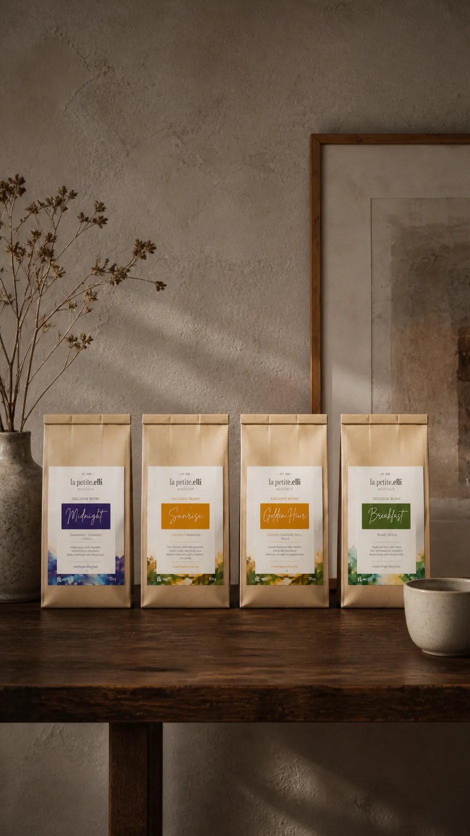 A row of la petite.elli coffee bags on a wooden boutique shelf in late afternoon light.