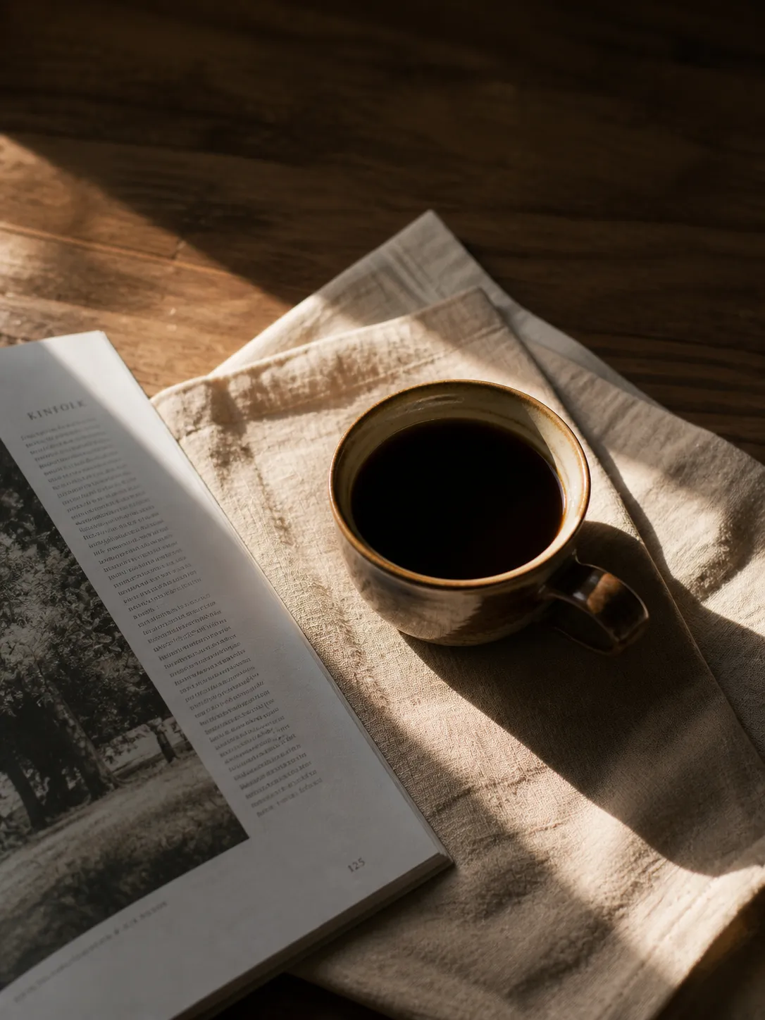 An overhead view of black coffee on linen beside an open Kinfolk magazine.