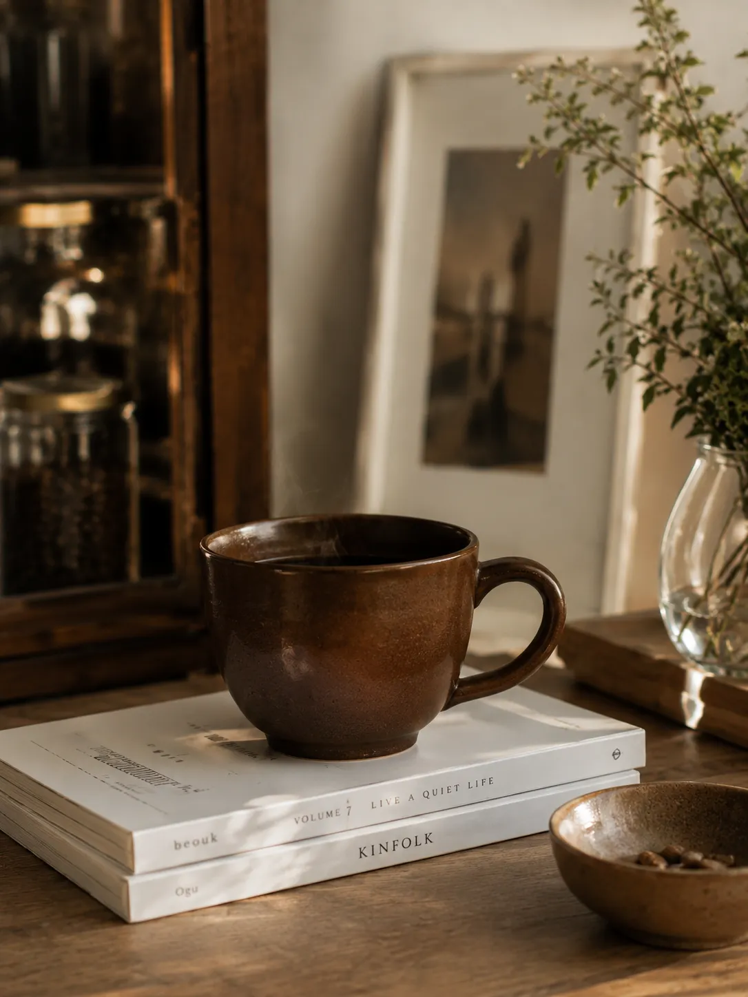A glazed mug of coffee resting on stacked Kinfolk volumes by a quiet window.